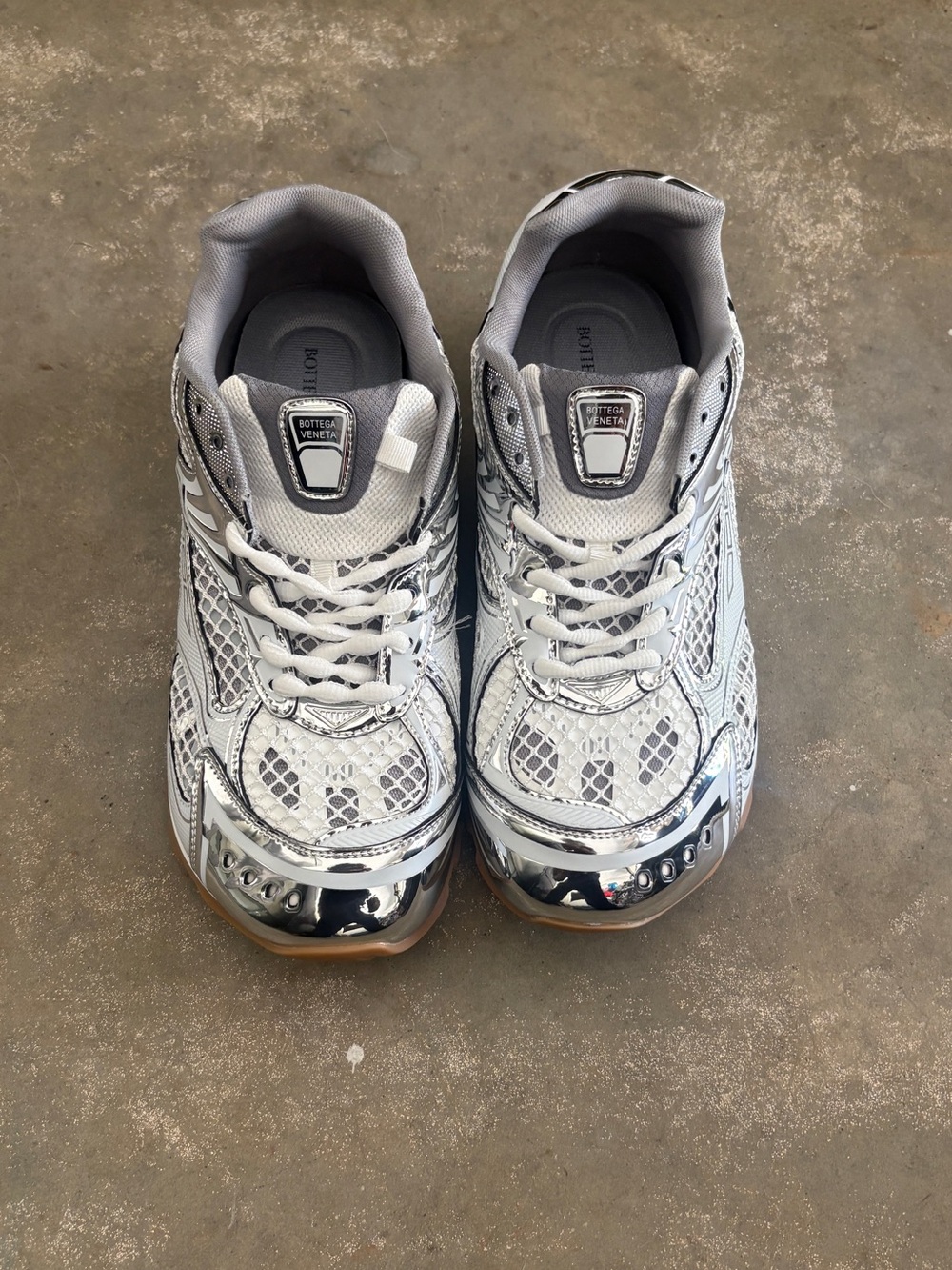 Bottega Veneta White & Silver Mesh Chrome-Trim Sneakers - Picture 2 of 3